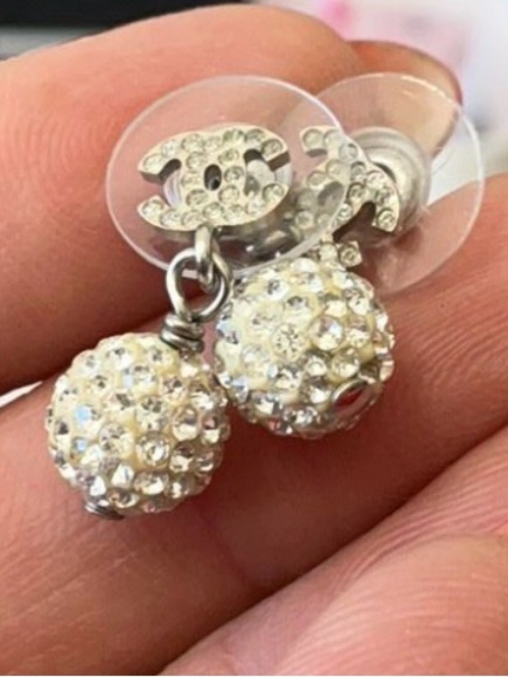 CHANEL Silver-Tone Crystal Ball Dangle Earrings with White Crystals WITH COA!!